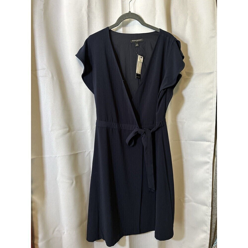 NEW 8 Banana Republic Navy Blue flutter sleeve tie wrap knee-length dress office